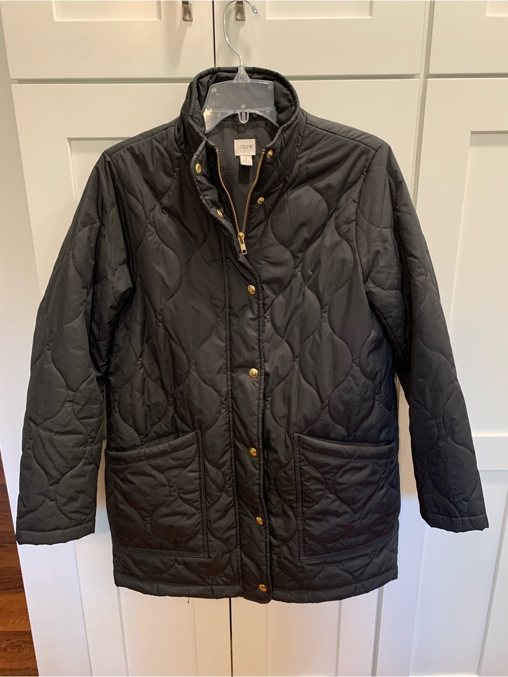 J CREW FACTORY City Puffer Coat Women's S Black Quilted Pockets Gold Details - Picture 5 of 14